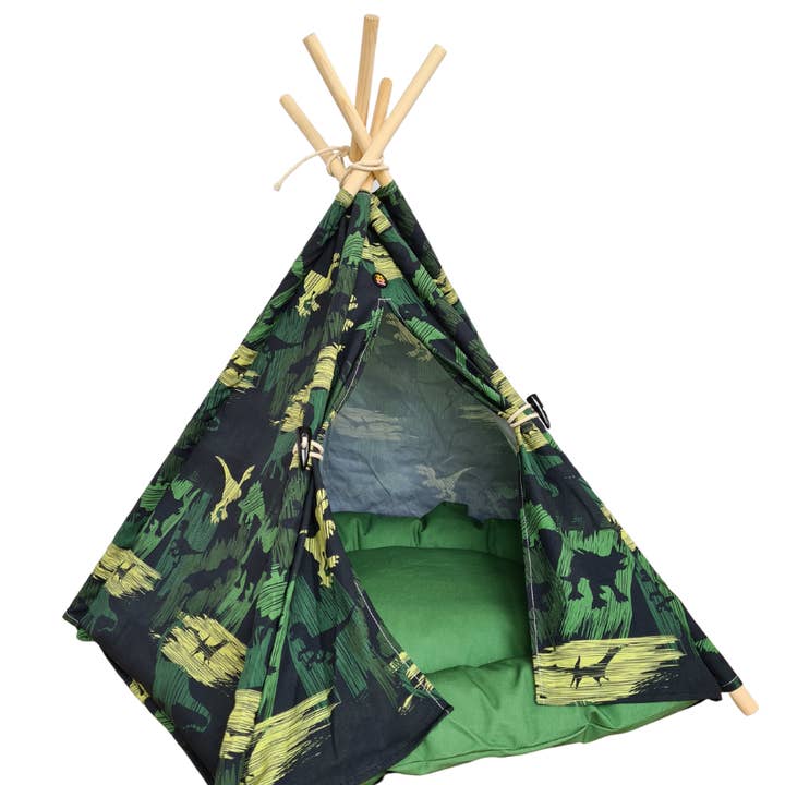 Pebblina – wholesale Husdjursbädd – Hund – Pebblina hundtält med dinosauriemotiv i bomullscanvas2