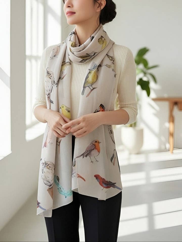 JC0711185 Bufanda con Estampado de Flamencos y Búhos en Gris-Multicolor para venta al por mayor de JC Sunny Fashion