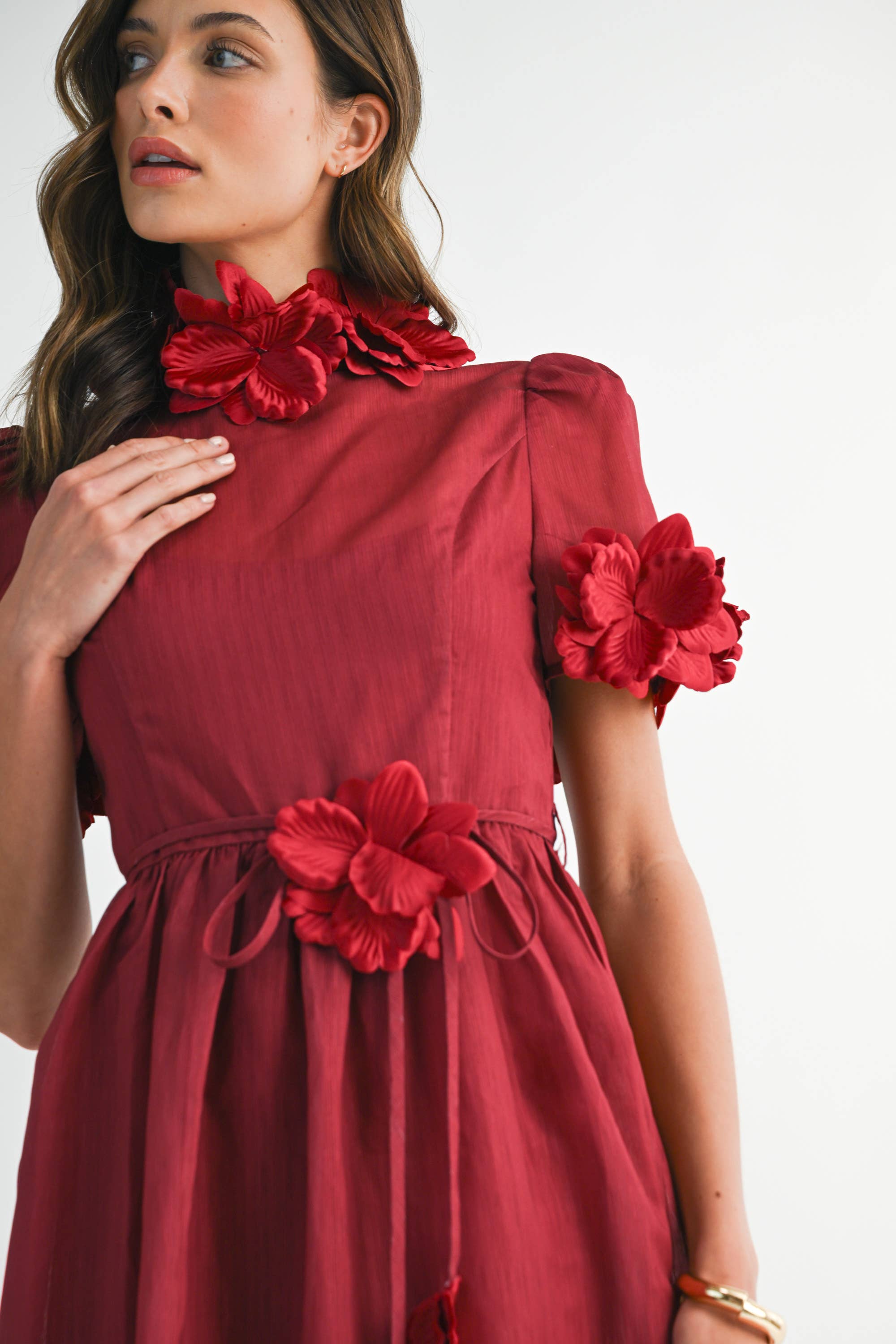 EB LUXE - Wholesale Dress - Women's - RD0026 3D Floral High Neck Short sleeve Midi Dress1