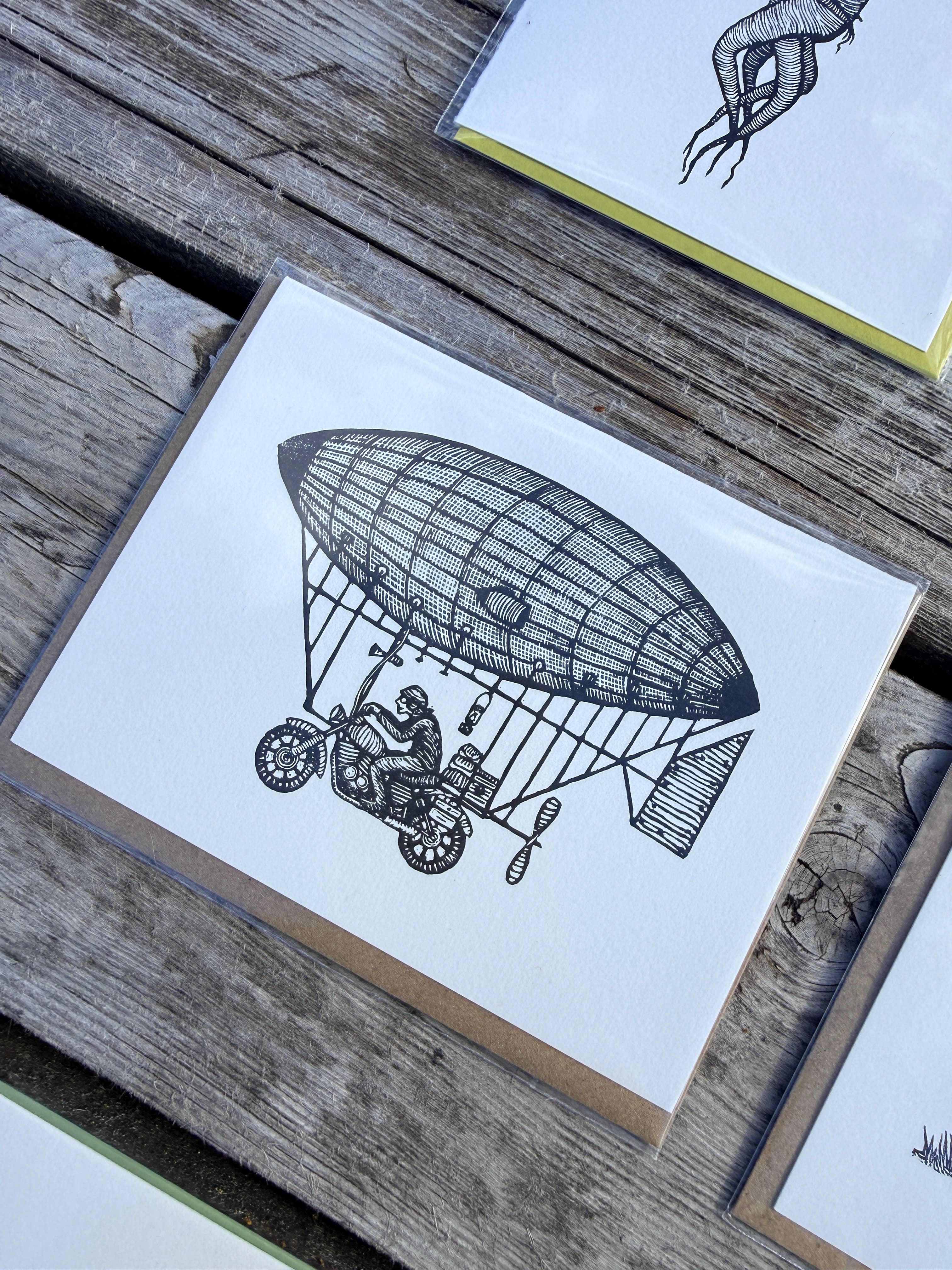 Anomal Press - Wholesale Everyday Greeting Card - Motordirigicycle Linocut relief print greeting card3