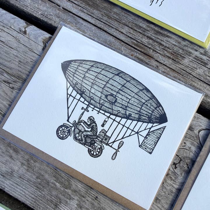 Anomal Press - Wholesale Everyday Greeting Card - Motordirigicycle Linocut relief print greeting card3