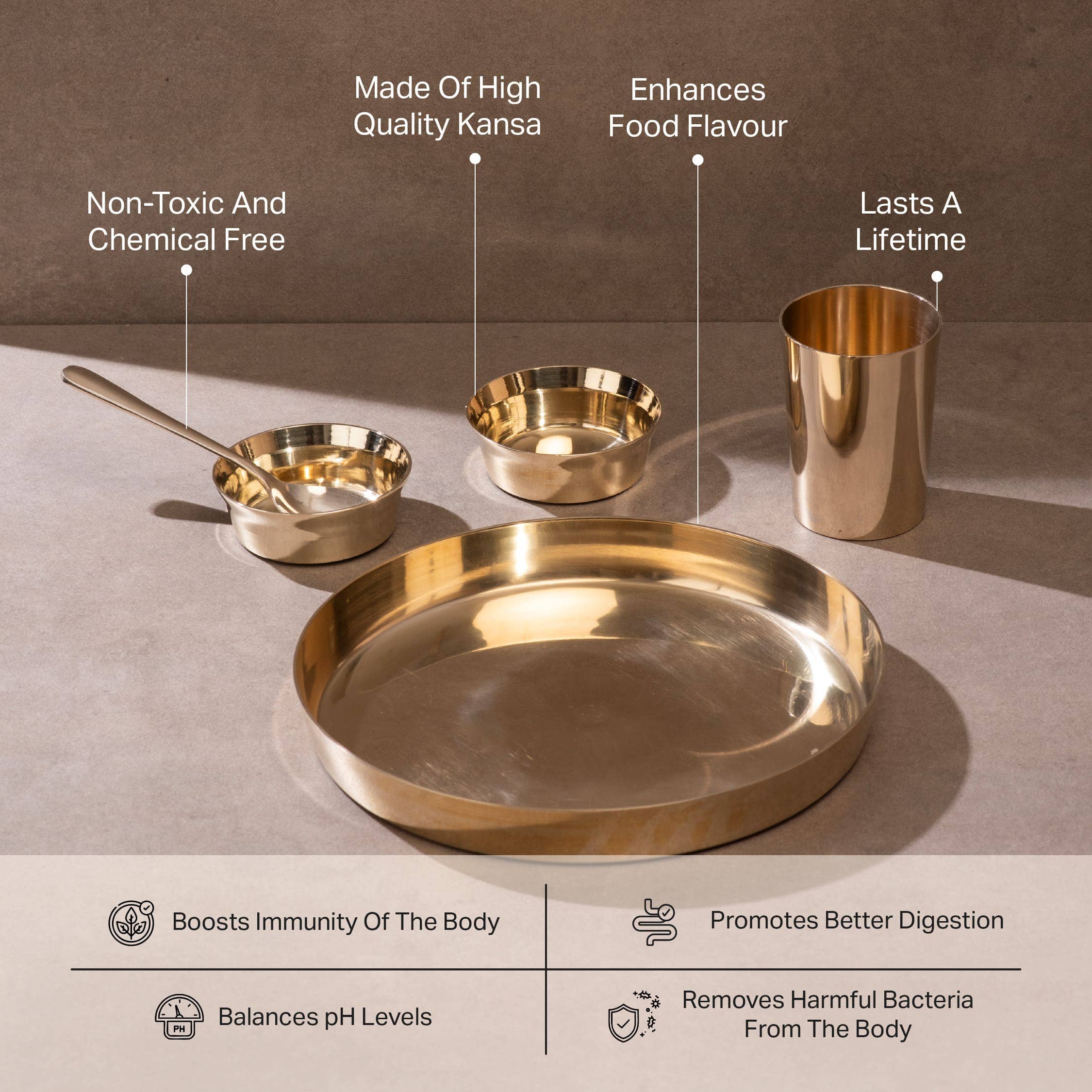 P-TAL - Wholesale Serving Plate - Bronze (Kansa) high hipped plate (Thaali) Set 11" - 5 pieces (1 Thaali, 2 bowls, 1 glass, 1 spoon)2