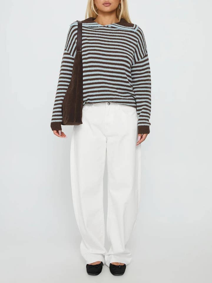 boxy loose collared knit sweater in brown & blue stripe for wholesale on Faire5