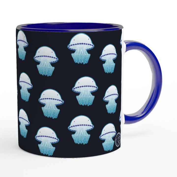 Tostoini - Vente Tasse à café - Mug en céramique blanc avec anse bleue et méduse baril0