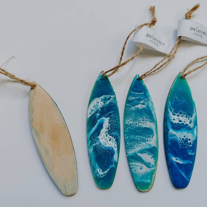 SeaLion Resin - Wholesale Ornament - Surfboard Ornament birch wood and ocean wave resin beach2