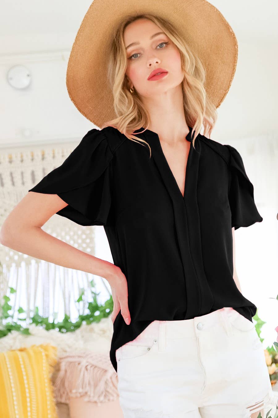 Vine & Love - Wholesale Blouse - Women's - Puff Petal Short-Sleeve Casual Work Blouse Top VT320000