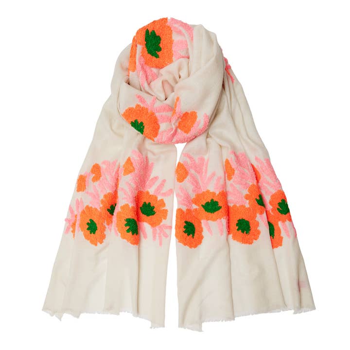 Mexican Flower Pashmina - Orange/Pink/Cream for wholesale by Somerville Scarves