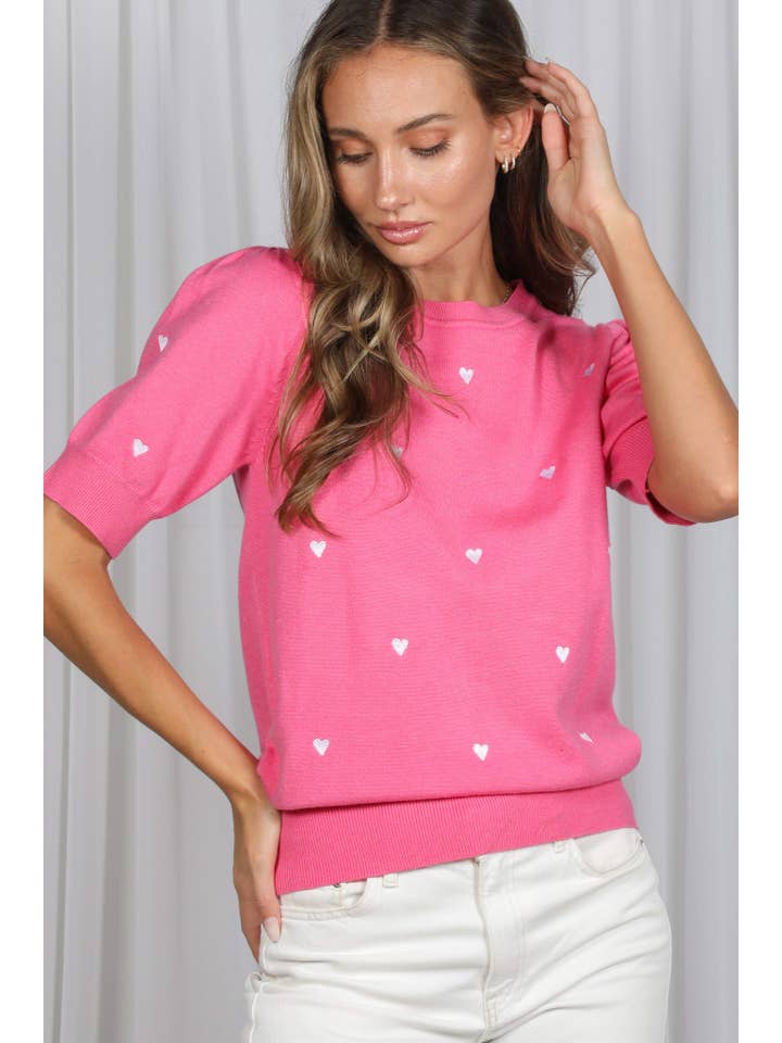 Vine & Love - Wholesale Knit Sweater - Women's - Sweetheart Embroidery Short Puff Knitted Sweater VT82686C18