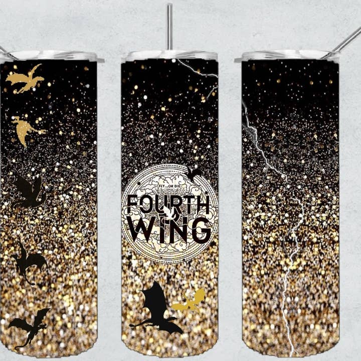 Bicchiere termico Fourth Wing Black Gold Glitter da 600 ml con coperchio e cannuccia per la vendita all'ingrosso da parte di Knotted Gypsy Designs