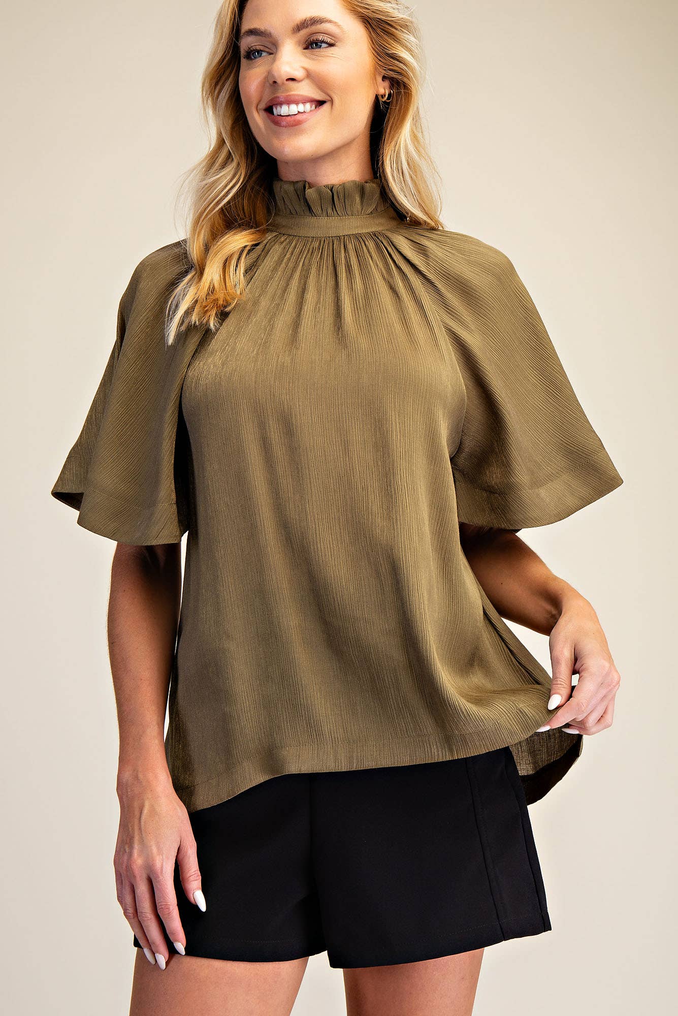 Glam - Wholesale Blouse - Women's - Ruffle Neck Raglan Sleeve Blouse2