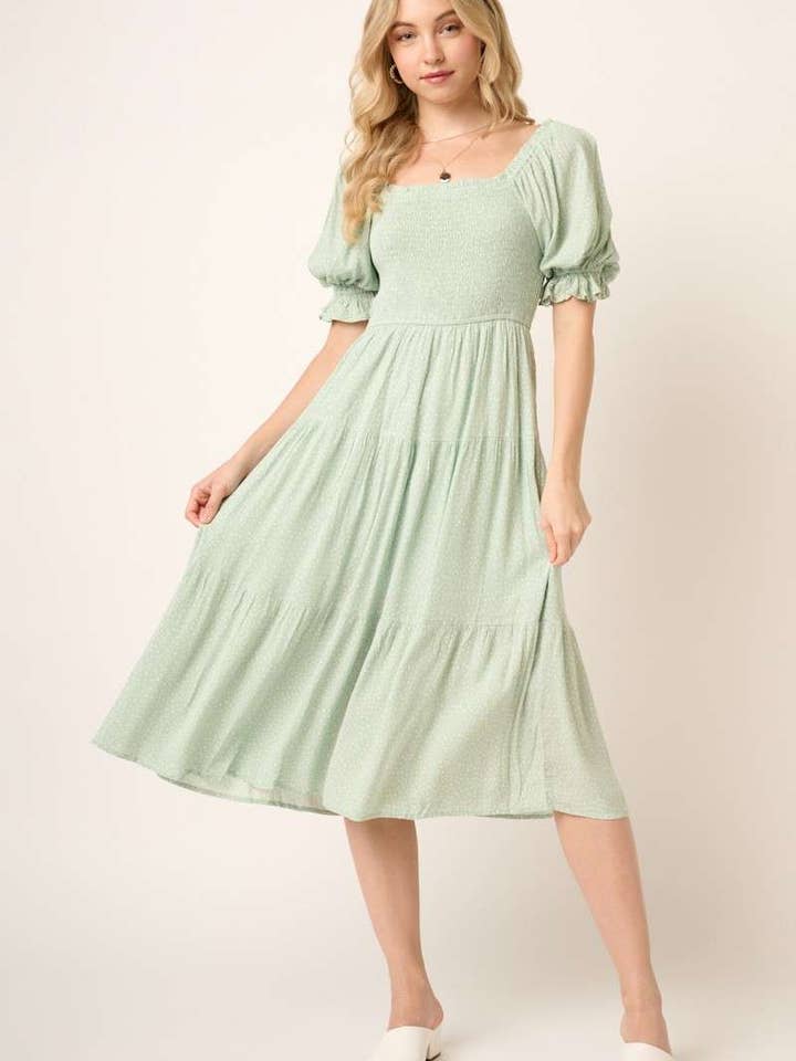 H42454A-MINI DOT SMOCKING BODICE MIDI DRESS for wholesale by mittoshop