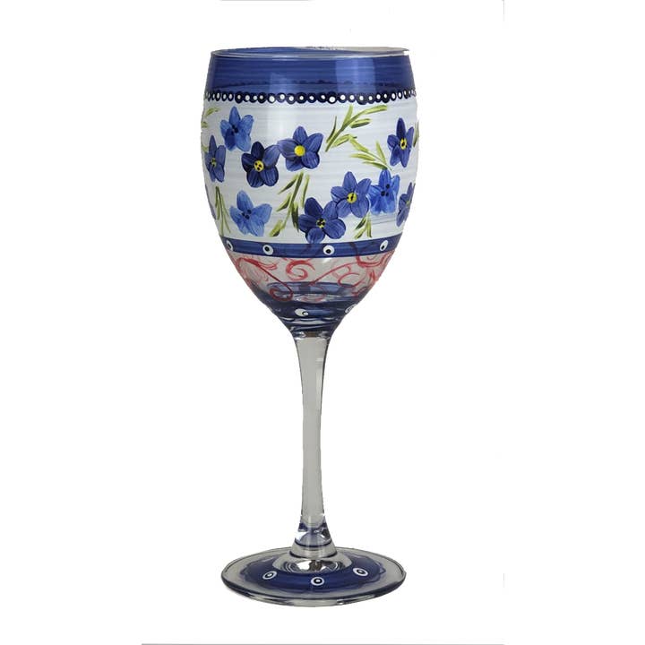 Golden Hill Studio - Wholesale Wine Glass - Barcelona Blue Flowers Wine