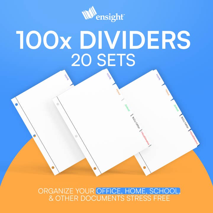 Ensight - Wholesale Binder - 3 Ring Page Dividers Bulk, 1/5 Cut Tab 100 Dividers3