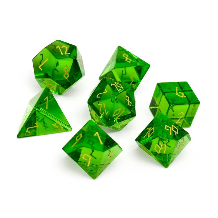 Zircon Emerald - Gold Font 7 Piece RPG Set Zircon Glass Dice for wholesale by Norse Foundry