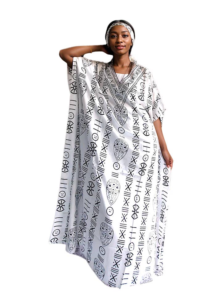India Batik - Wholesale Kaftan - Women's - Kaftan Dress / Tribal Print -KF02 White2