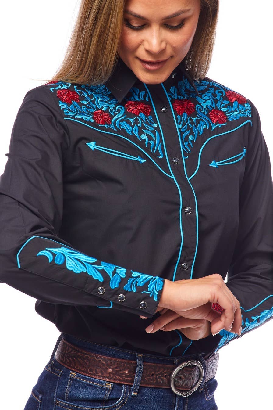 Rodeo Clothing - Vente Chemise à col boutonné – femme - Robe brodée à manches longues d'inspiration western pour femmes57