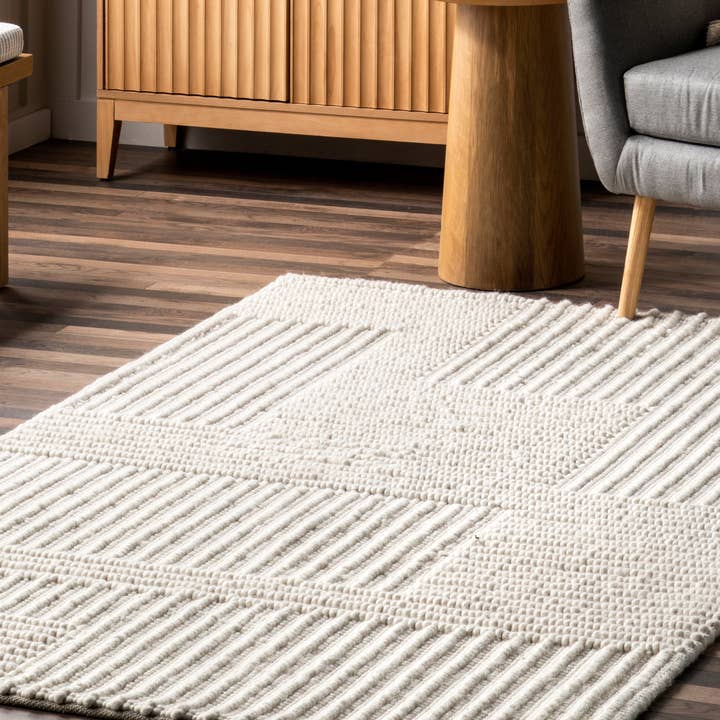 Ivory Dorene Contemporary High-Low Striped Wool Area Rug for wholesale on Faire7
