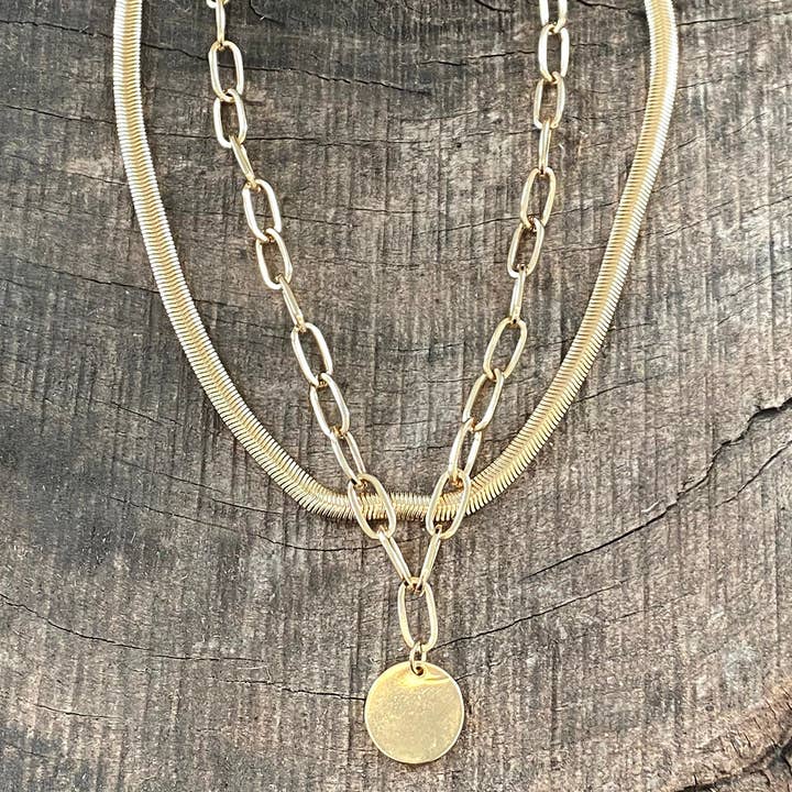 PennyLine inc - Wholesale Jewelry Set - Layered gold tone short necklace set with a coin pendant