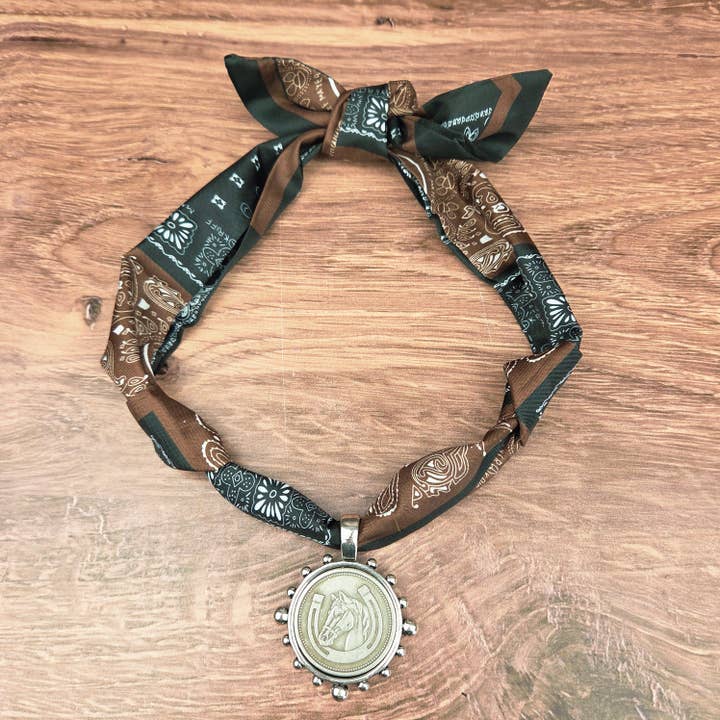 Horse with Horseshoe Coin in Bezel Ribbon Necklace for wholesale by ZINC Designs