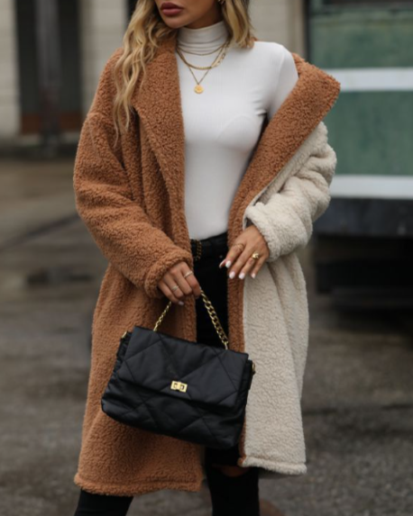 Camel Contrast faux fur teedy sherpa longline coat for wholesale on Faire6