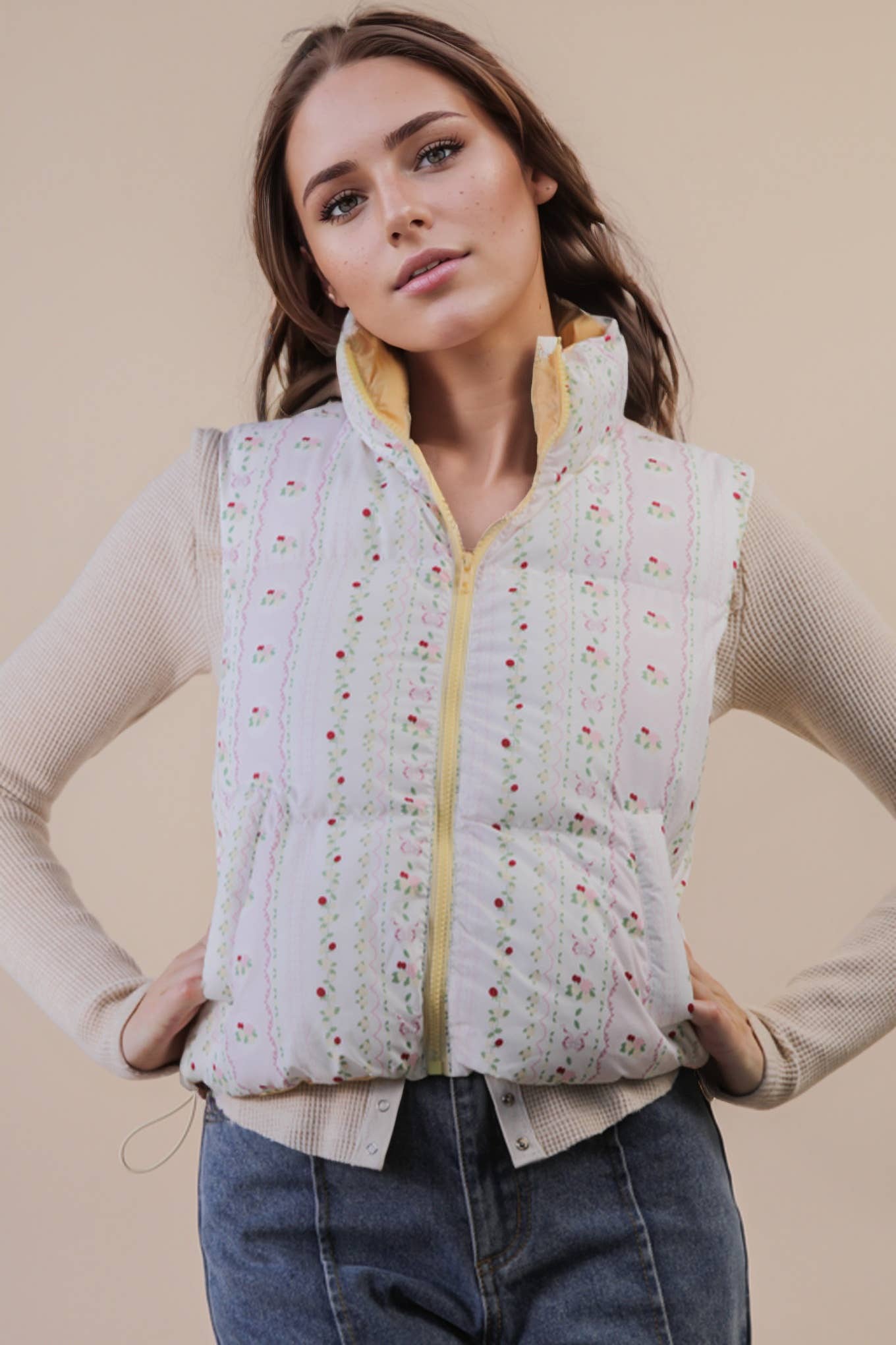 VERY J - Wholesale Outerwear Vest - Women's - NJ90395-Floral Printed Cropped Puffer Vest13