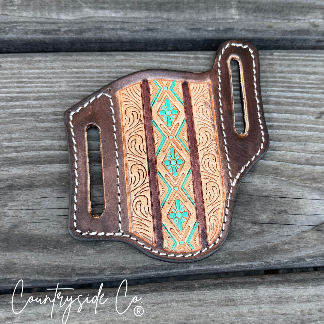 Countryside Co. - Wholesale Pocket Knife/Holder - Aztec Tooled Leather Sheath0