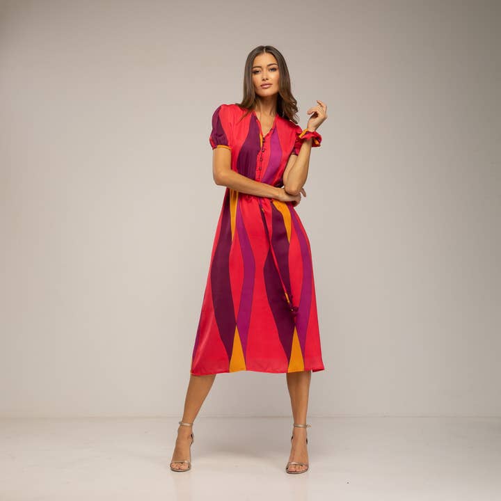 NIZA - Wholesale Dress - Women's - V-neck short sleeve midi dress