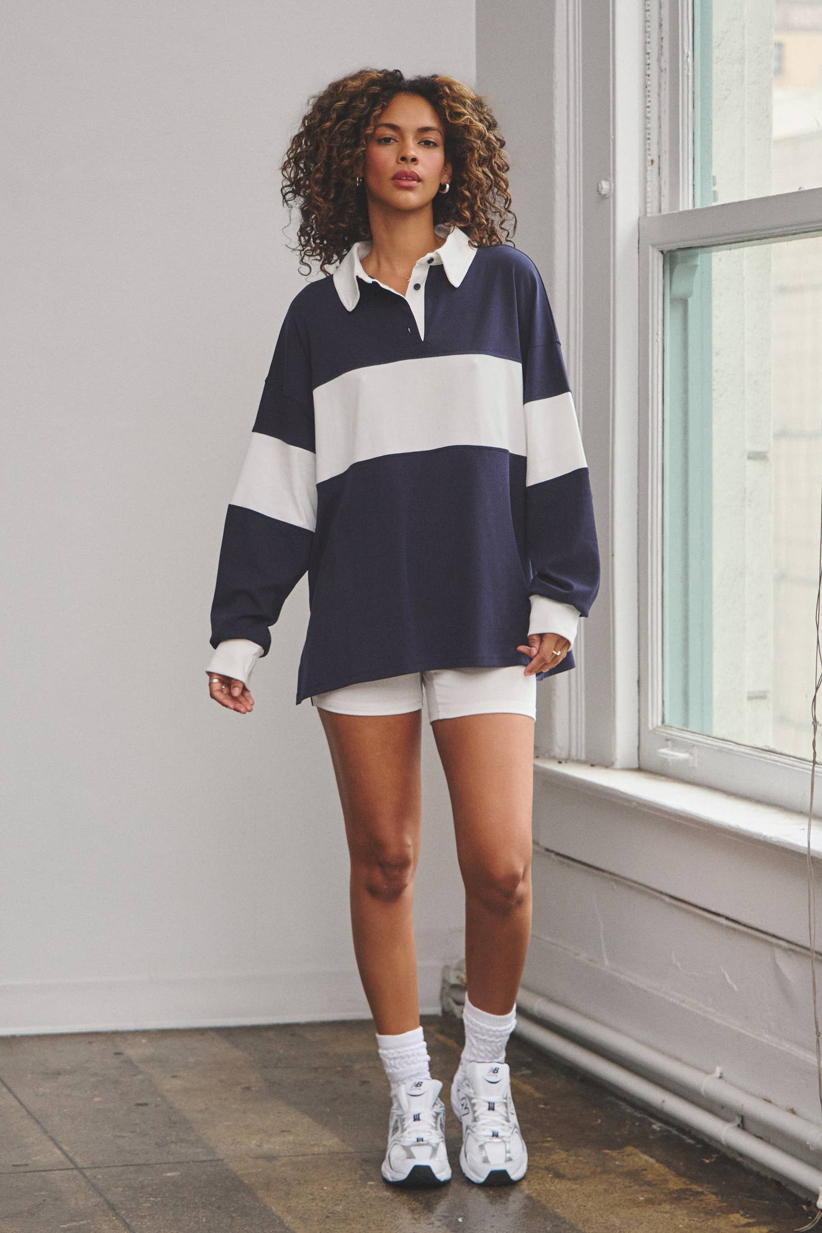 No Vacancy - Wholesale Lounge Set - Women's - Stripe rugby polo top & biker shorts set3