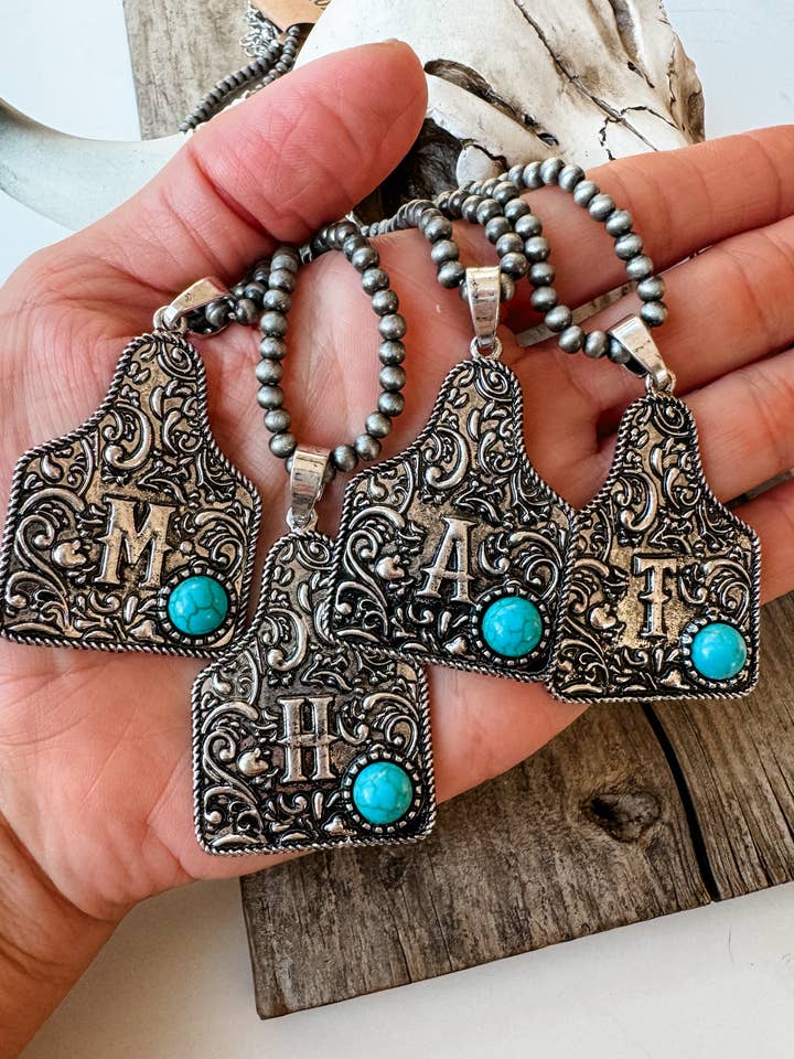 Initial Eartag pendant Necklace - Turquoise Stone Pendant for wholesale by Boho Ranch Shop