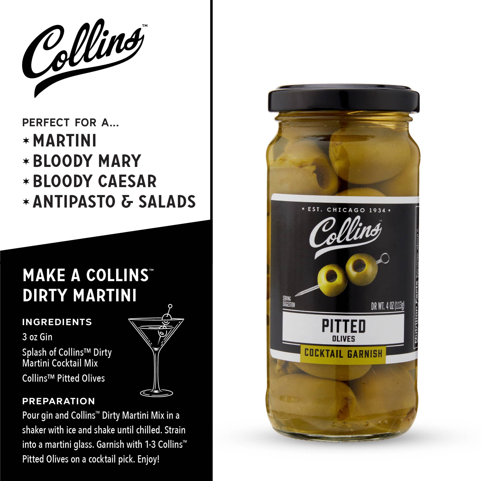 Collins - Wholesale Olives - Gourmet Spanish Pitted Cocktail and Condiment Olives 4 oz2