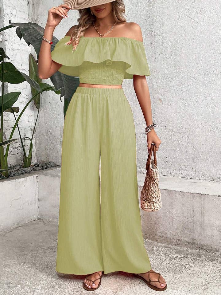 Flarix - Wholesale Top & pants set (NOT Loungewear) – Women's - off shoulder ruffle trim crop top wide leg pants50