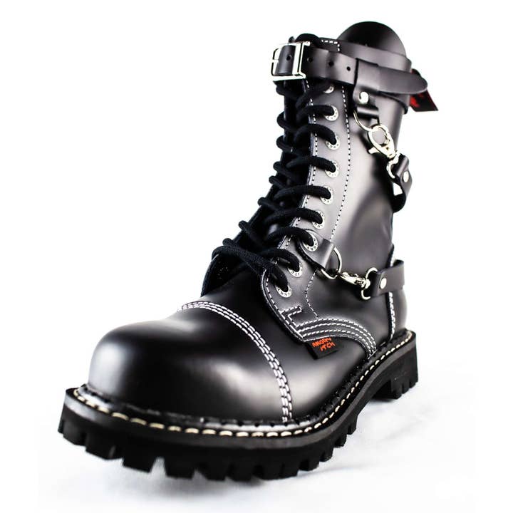 10-Hole 3-Straps - Black Leather Boots for wholesale by Angry Itch - Premium Boots