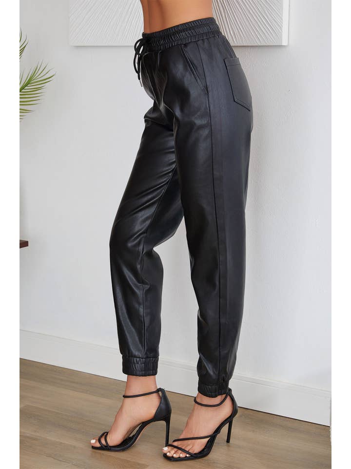 VENTI6 - Wholesale Lounge Sweatpants/Joggers - Women's - PU DRAWSTRING CUFFED JOGGER WITH POCKETS (90110-PU)1