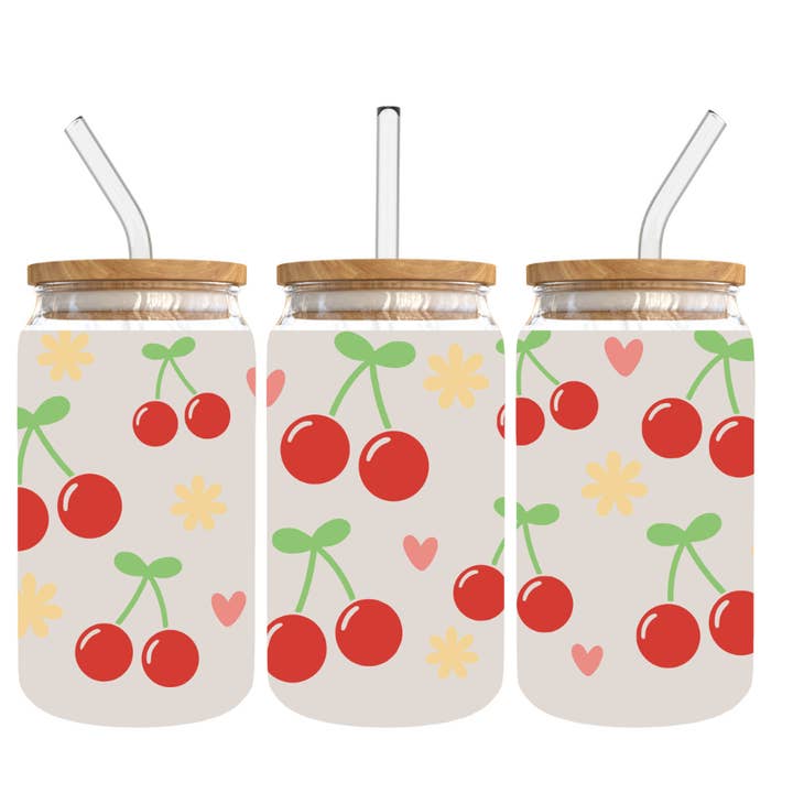 Contenitore in vetro smerigliato con ciliegie per la vendita all'ingrosso da parte di Londas Trendy Tees