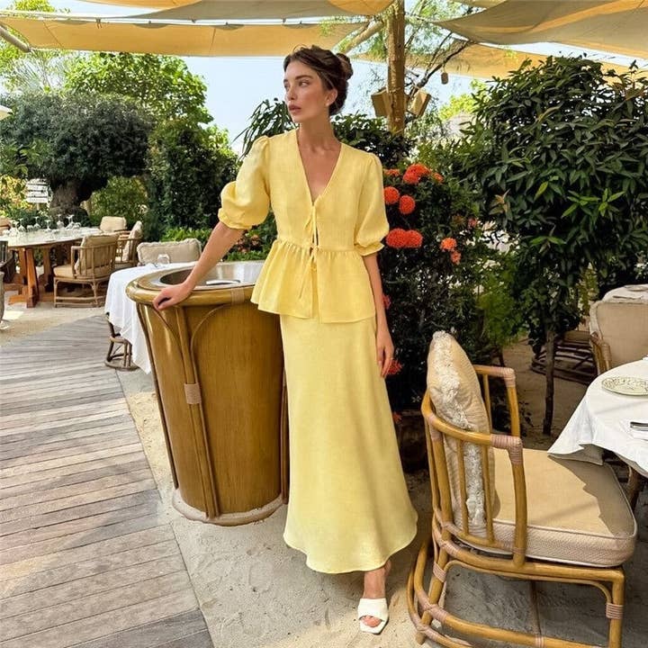 Yellow Solid Color Bubble Sleeve Top Skirt Set for wholesale on Faire