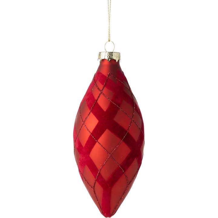 A25390: Gls Finial orn,mat red,flock&glit diagonal band,7in for wholesale by Silver Tree Home & Holiday