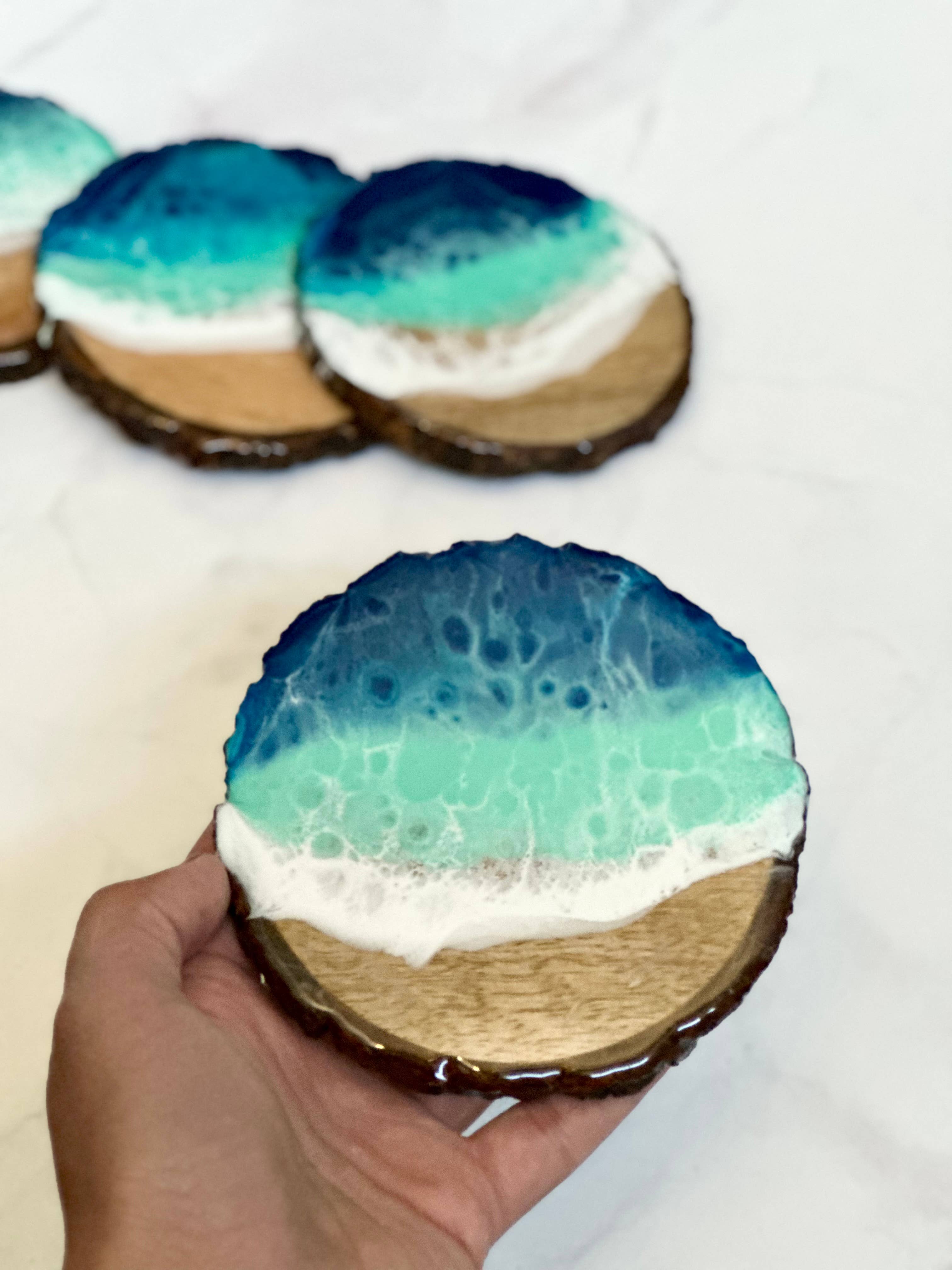 Fluid Life by Sharon - Wholesale Coasters - Ocean inspired resin on wood live edge coasters 1
