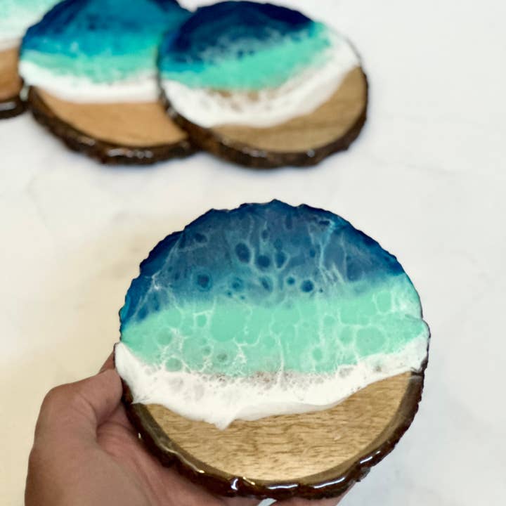 Fluid Life by Sharon - Wholesale Coasters - Ocean inspired resin on wood live edge coasters 1
