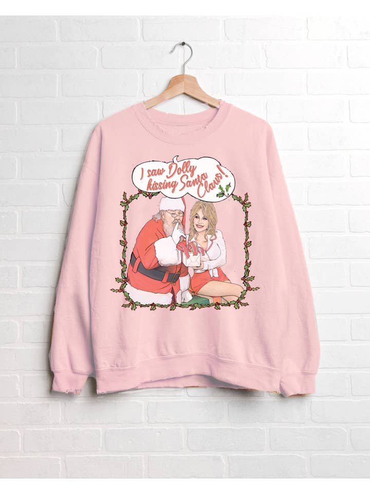 LivyLu - Wholesale Graphic Sweatshirt - Unisex - I Saw Dolly Kissing Santa Clause Pink Thrifted Sweatshirt