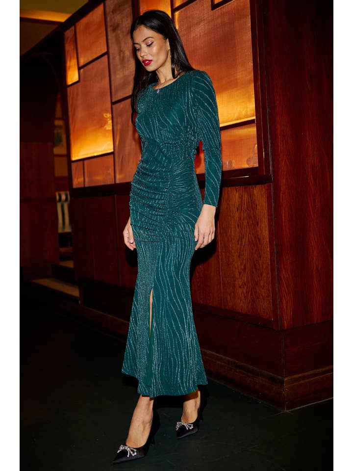 Yumi Green Mesh Fitted Ruched Midi Dress With Long Sleeves for wholesale on Faire5