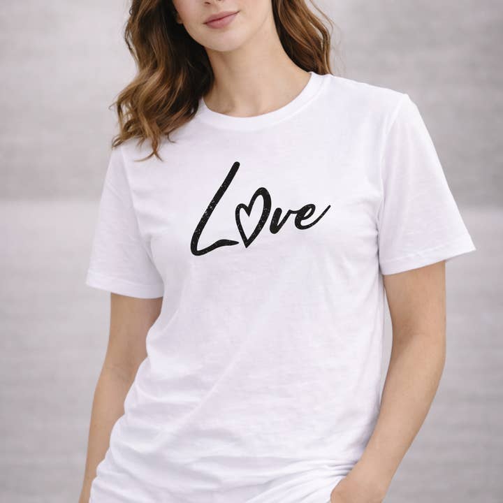 Women’s “Love” Script Graphic T-Shirt – Minimal Heart Design for wholesale by Shenz