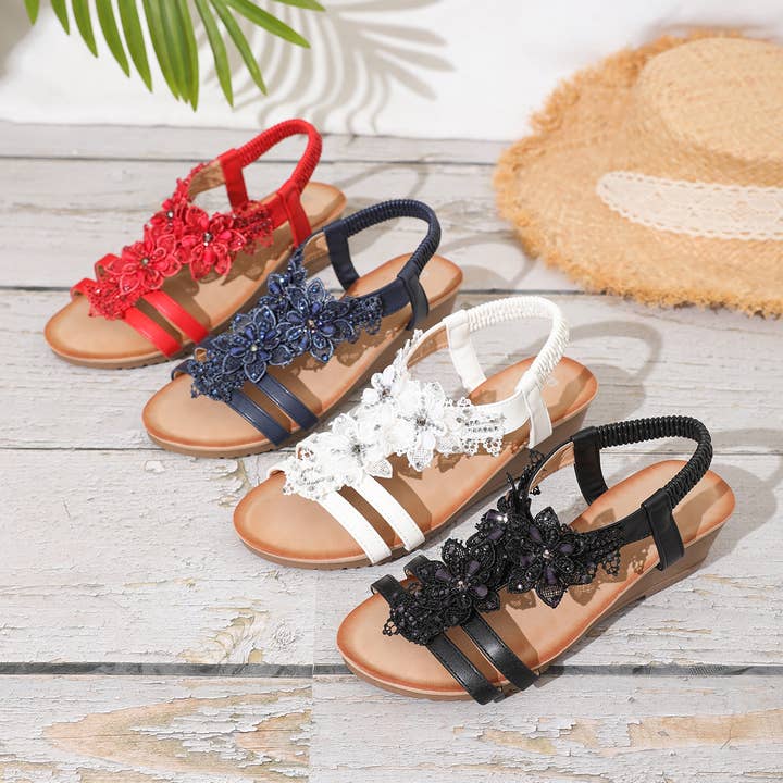 Ladies‘ Wedged Sandal with Handmade Lace Flowers JS698-32 for wholesale by Rentoes