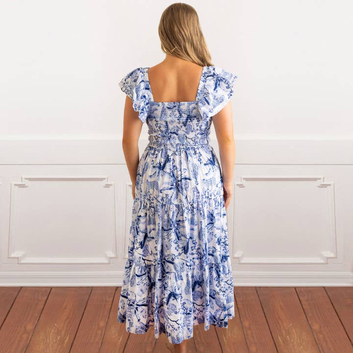 8 Oak Lane - Venta al por mayor Vestido - Mujer - Vestido azul con mangas onduladas con estampado de palmeras de leopardo