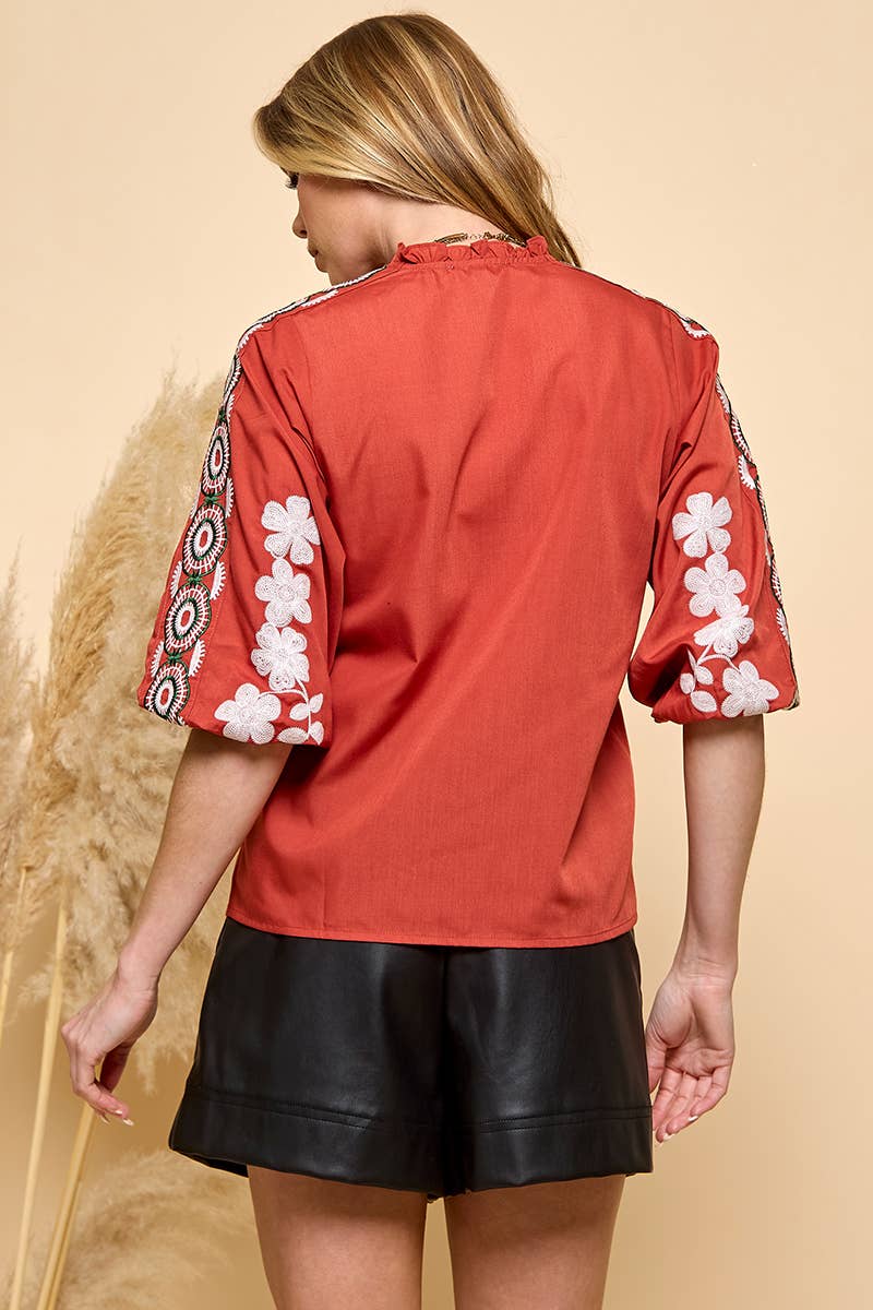 RUST Floral Embroidery Blouse  for wholesale on Faire11