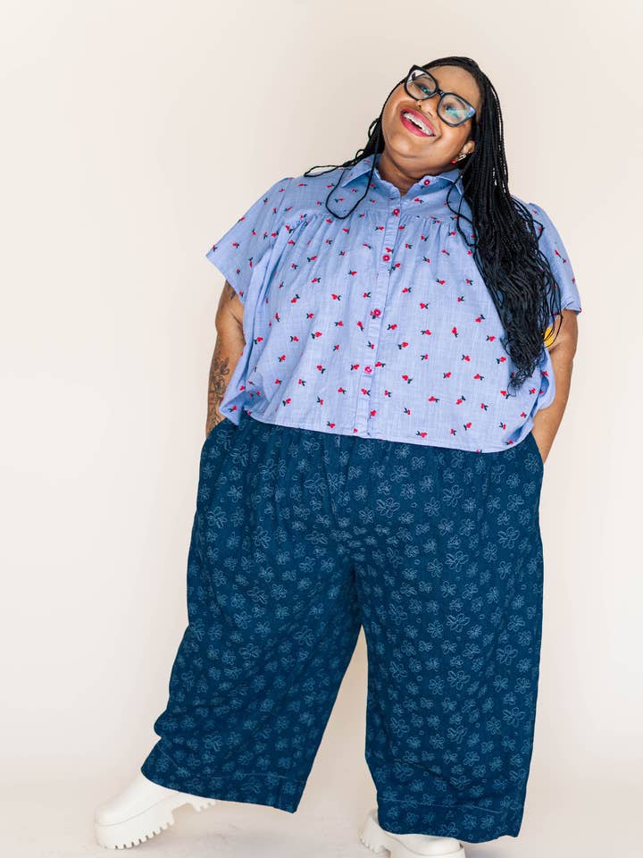 Size Inclusive Gender Neutral Dark Daisy Denim Wide Leg Pant for wholesale by Nettle Studios