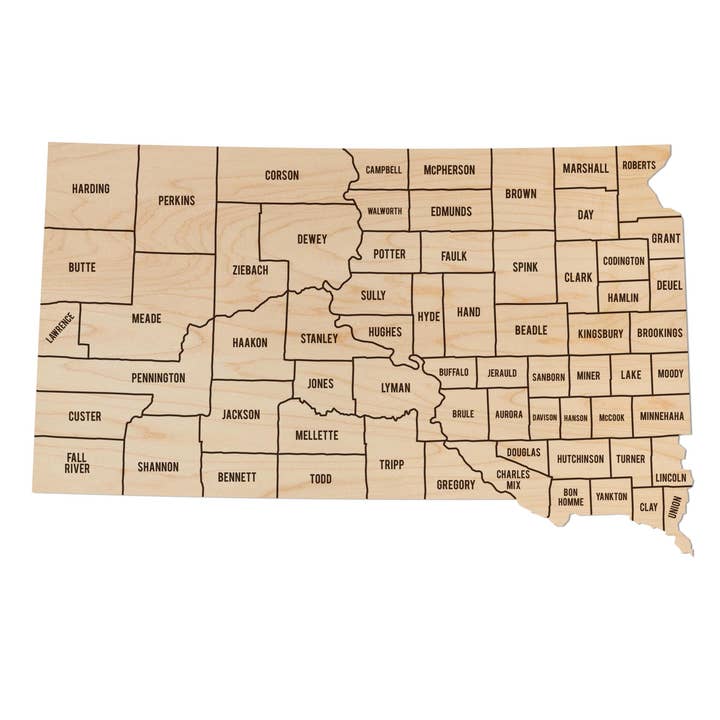 South Dakota County Map Wall Hanging - Crafted from Cherry or Maple Wood for wholesale by LazerEdge