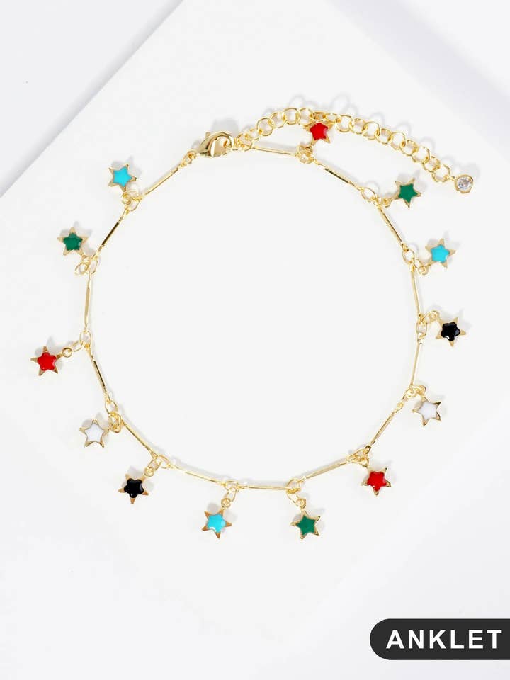 18K Gold Dipped 6Mm Enamel Star Charms Brass Chain Anklet for wholesale by Wild Honey