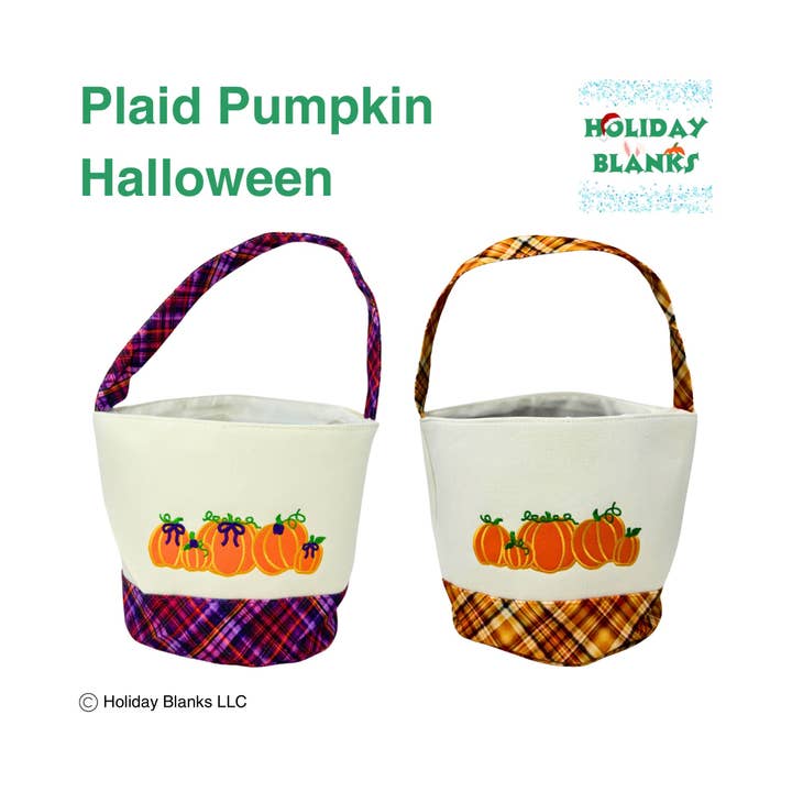 Halloween plaid with pumpkins design basket embroidery blanks for wholesale by Holiday Blanks