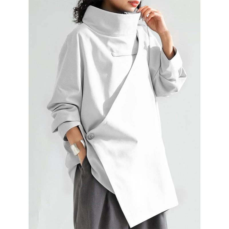 Plush Looks - Wholesale Tunic - Women's - Long Sleeves Loose Solid Color High Neck T-Shirts Tops0