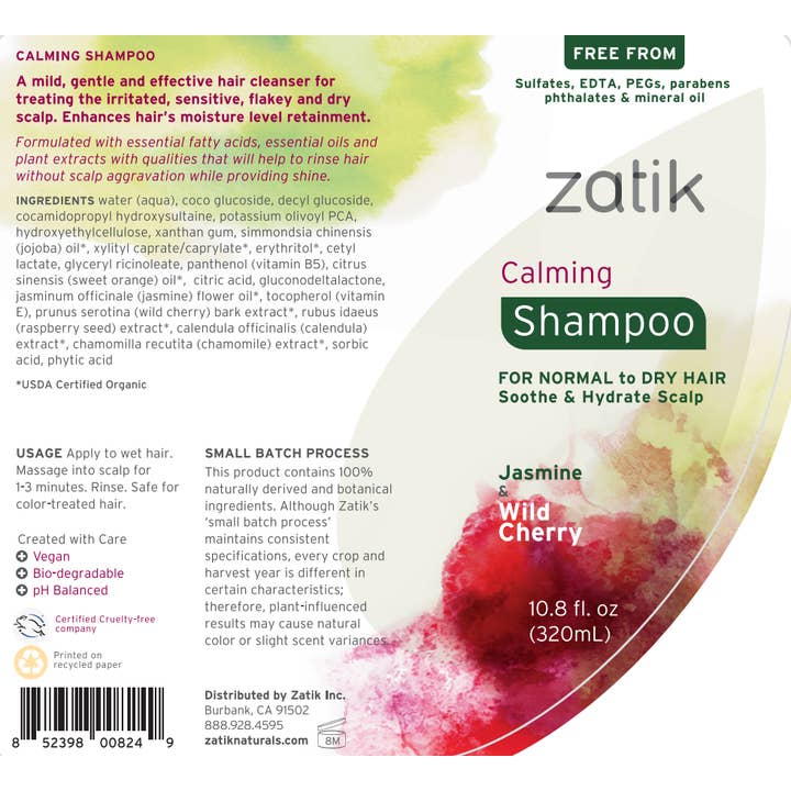 Zatik Naturals - Wholesale Hair Shampoo - Calming Shampoo, Jasmine & Wild Cherry, 10.8 fl oz1